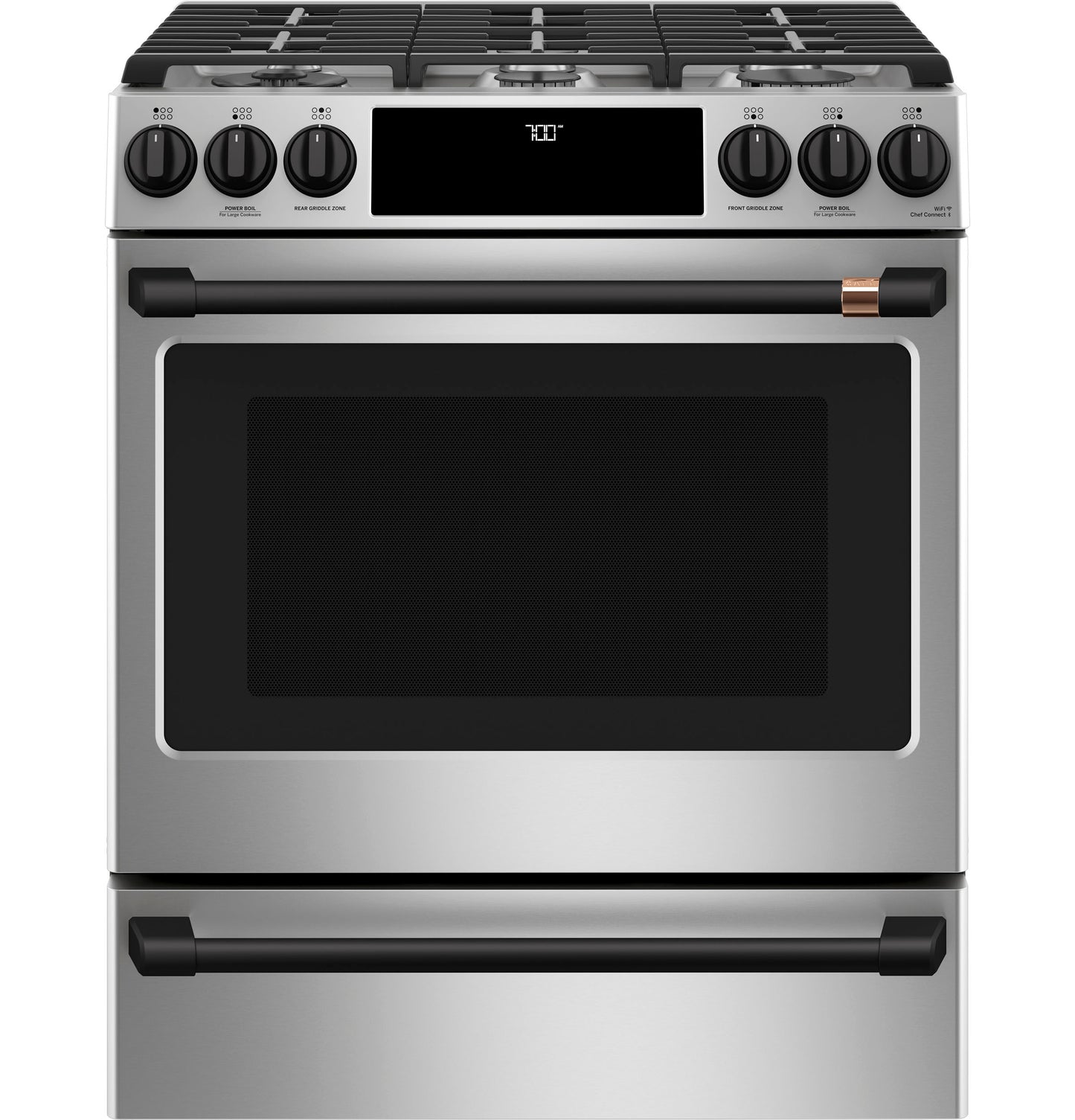 CAFE CGS700P2MS1 CAFé™ 30" Smart Slide-In, Front-Control, Gas Range with Convection Oven in Stainless Steel - CGS700P2MS1