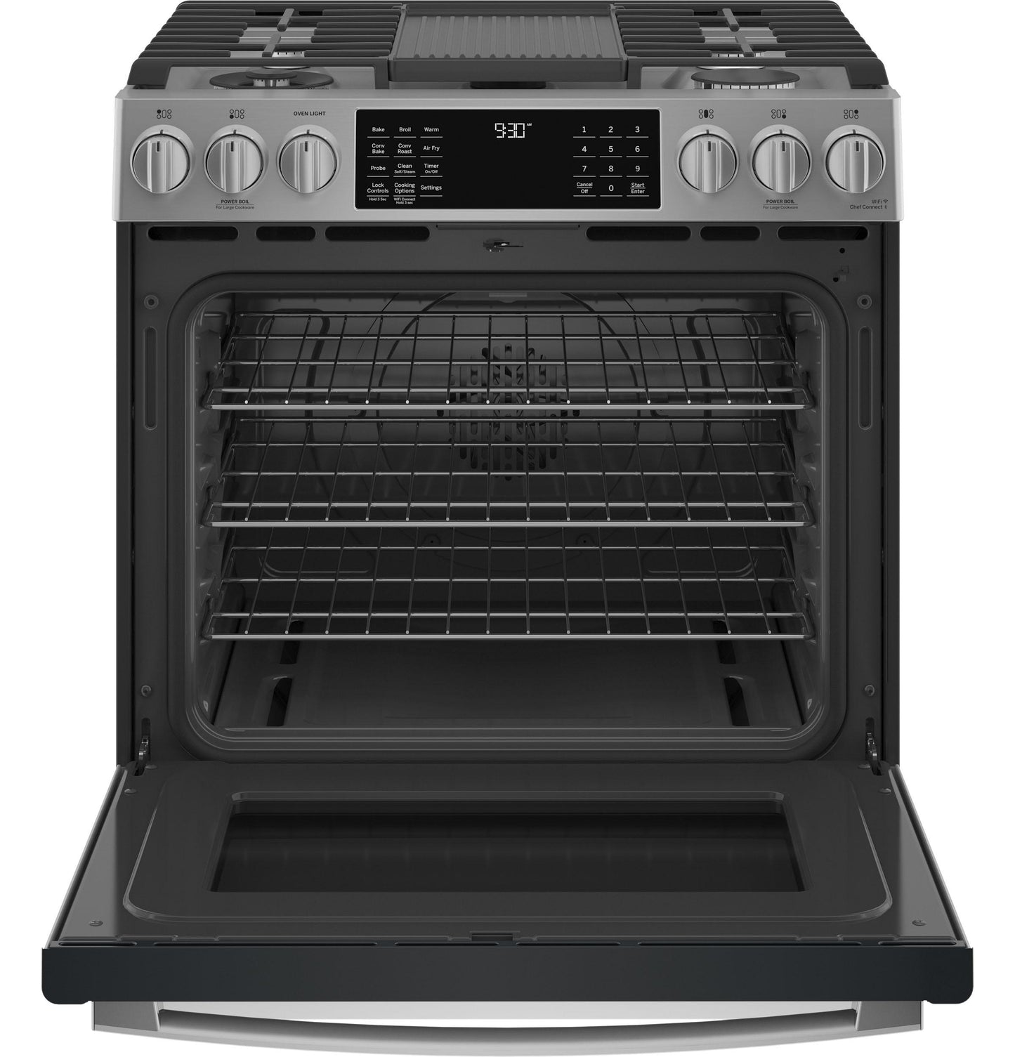 GE APPLIANCES GE Profile 30" Smart Slide-In Front-Control Gas Fingerprint Resistant Range with No Preheat Air Fry in Stainless Steel - PGS930YPFS