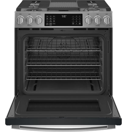 GE APPLIANCES GE Profile 30" Smart Slide-In Front-Control Gas Fingerprint Resistant Range with No Preheat Air Fry in Stainless Steel - PGS930YPFS