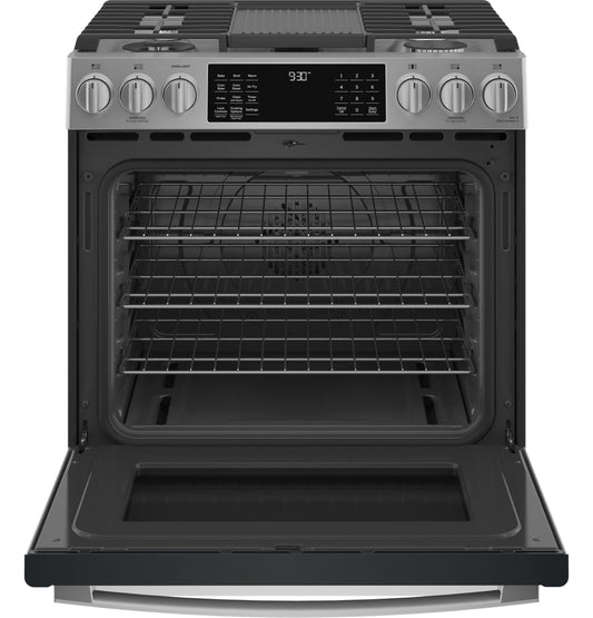 GE APPLIANCES GE Profile 30" Smart Slide-In Front-Control Gas Fingerprint Resistant Range with No Preheat Air Fry in Stainless Steel - PGS930YPFS