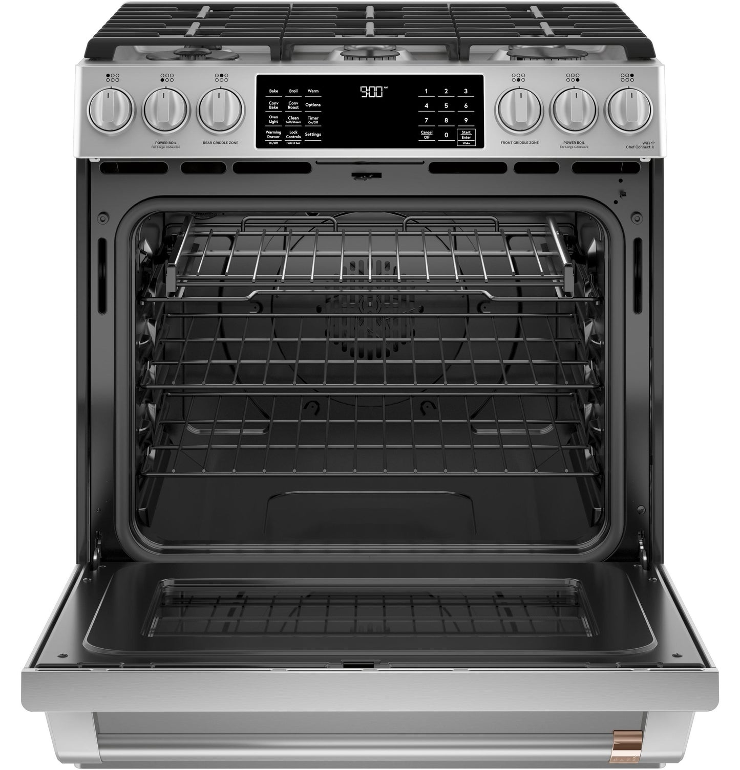 CAFE  30" Smart Slide-In, Front-Control, Dual-Fuel Range with Warming Drawer in Stainless Steel - C2S900P2MS1