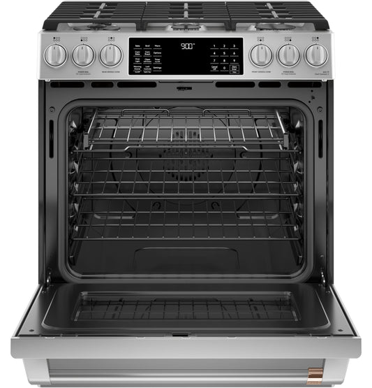CAFE C2S900P2MS1 CAFé 30" Smart Slide-In, Front-Control, Dual-Fuel Range with Warming Drawer in Stainless Steel - C2S900P2MS1
