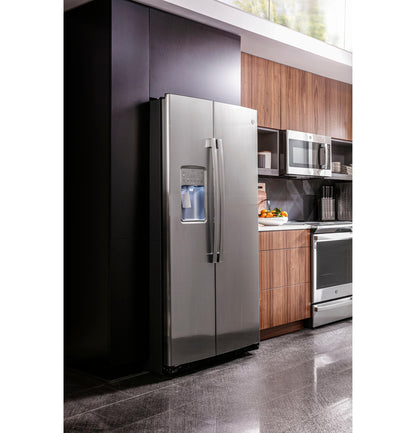 GE APPLIANCES 21.9 Cu. Ft. Counter-Depth Side-By-Side Refrigerator in Stainless Steel - PZS22MYKFS