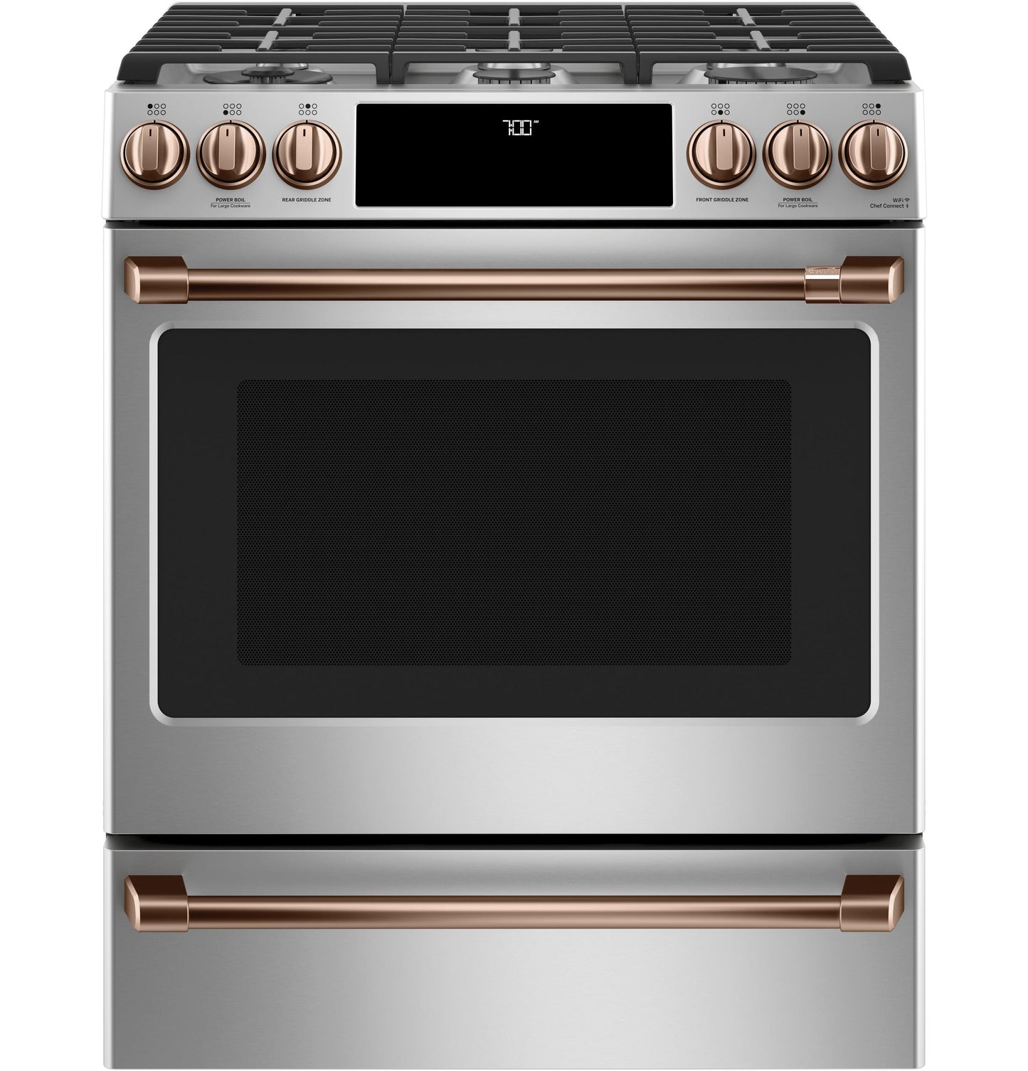 CAFE CGS700P2MS1 CAFé™ 30" Smart Slide-In, Front-Control, Gas Range with Convection Oven in Stainless Steel - CGS700P2MS1