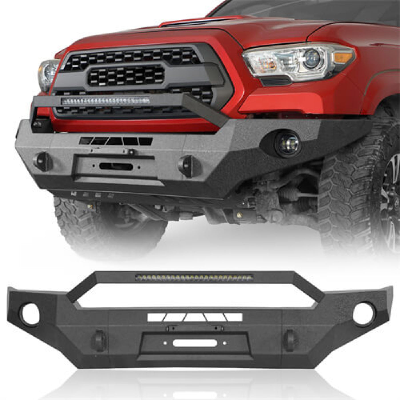 Hooke Road Full Width Front Bumper w/ LED Light Bar & Winch Plate Compatible with 2016-2023 Toyota Tacoma  - HE.4211-S