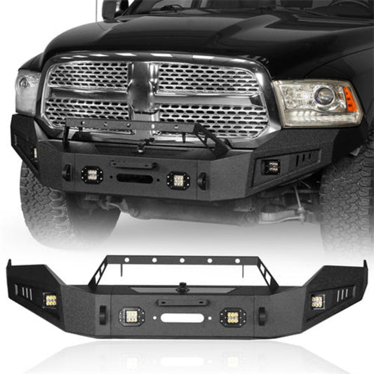 Hooke Road Full Width Front Bumper w/ Winch Plate &  LED Spotlights(13-18 Dodge Ram 1500, Excluding Rebel) - HE.6001A+HE.6001B