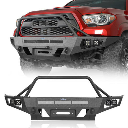Hooke Road Full Width Front Bumper w/ Winch Plate & LED Spot Lights For 2016-2023 Toyota Tacoma - HE.4210-S