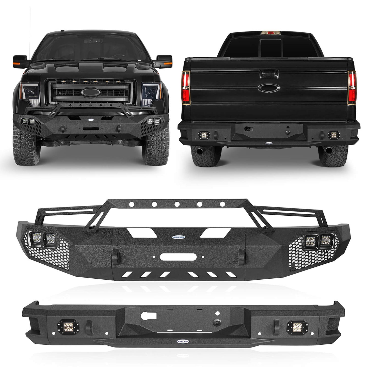 Hooke Road Full-Width Front Bumper w/Grill Guard & Back Bumper Rear Bumper(09-14 Ford F-150, Excluding Raptor) - HE.8200A&HE.8200B&HE.8203