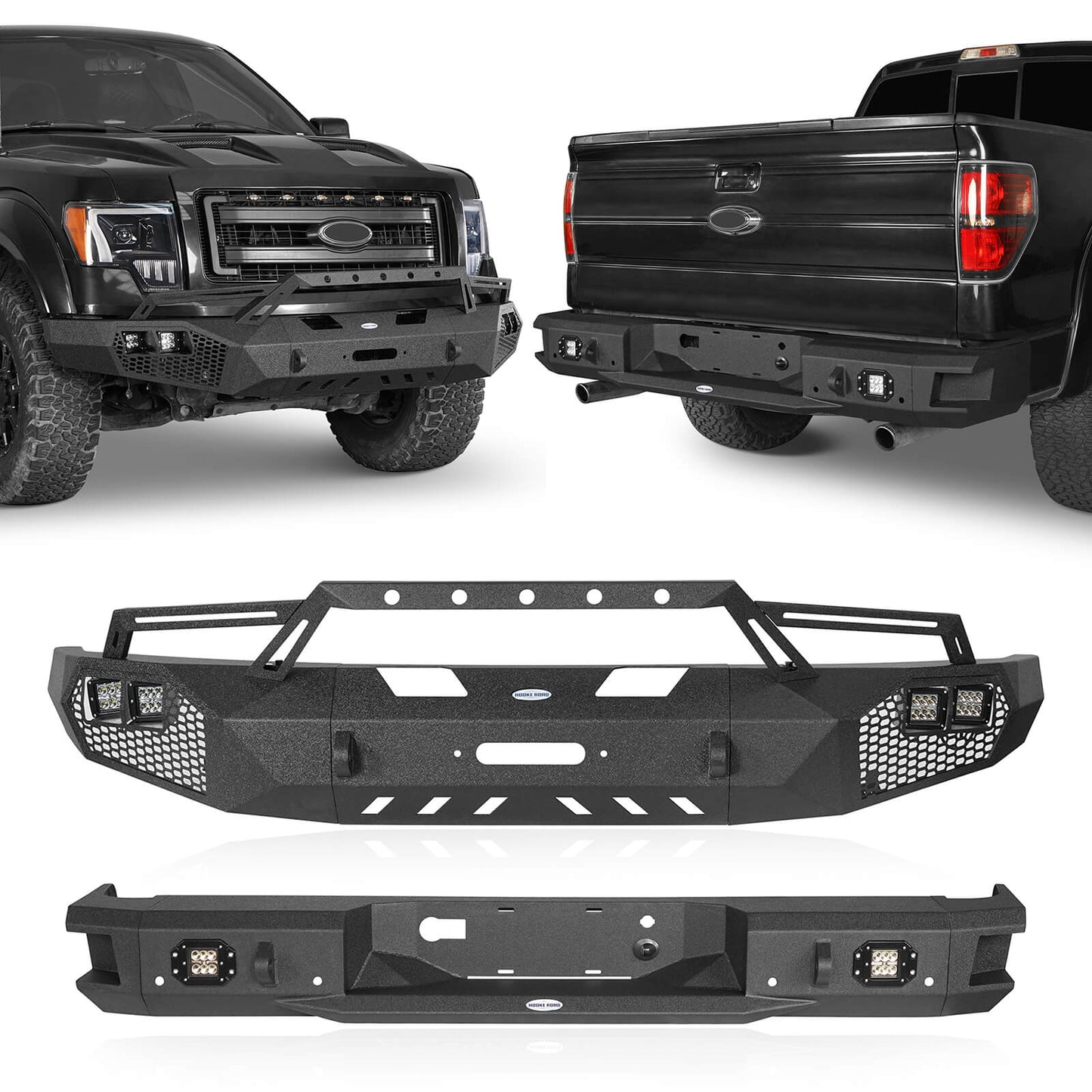 Hooke Road Full-Width Front Bumper w/Grill Guard & Back Bumper Rear Bumper(09-14 Ford F-150, Excluding Raptor) - HE.8200A&HE.8200B&HE.8203
