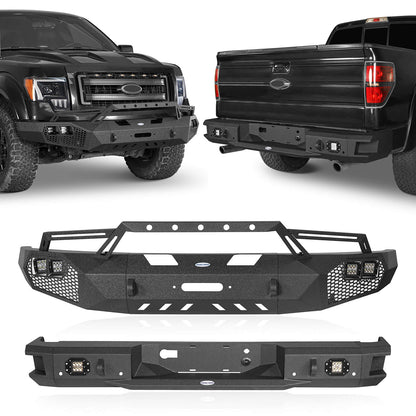 Hooke Road Full-Width Front Bumper w/Grill Guard & Back Bumper Rear Bumper(09-14 Ford F-150, Excluding Raptor) - HE.8200A&HE.8200B&HE.8203