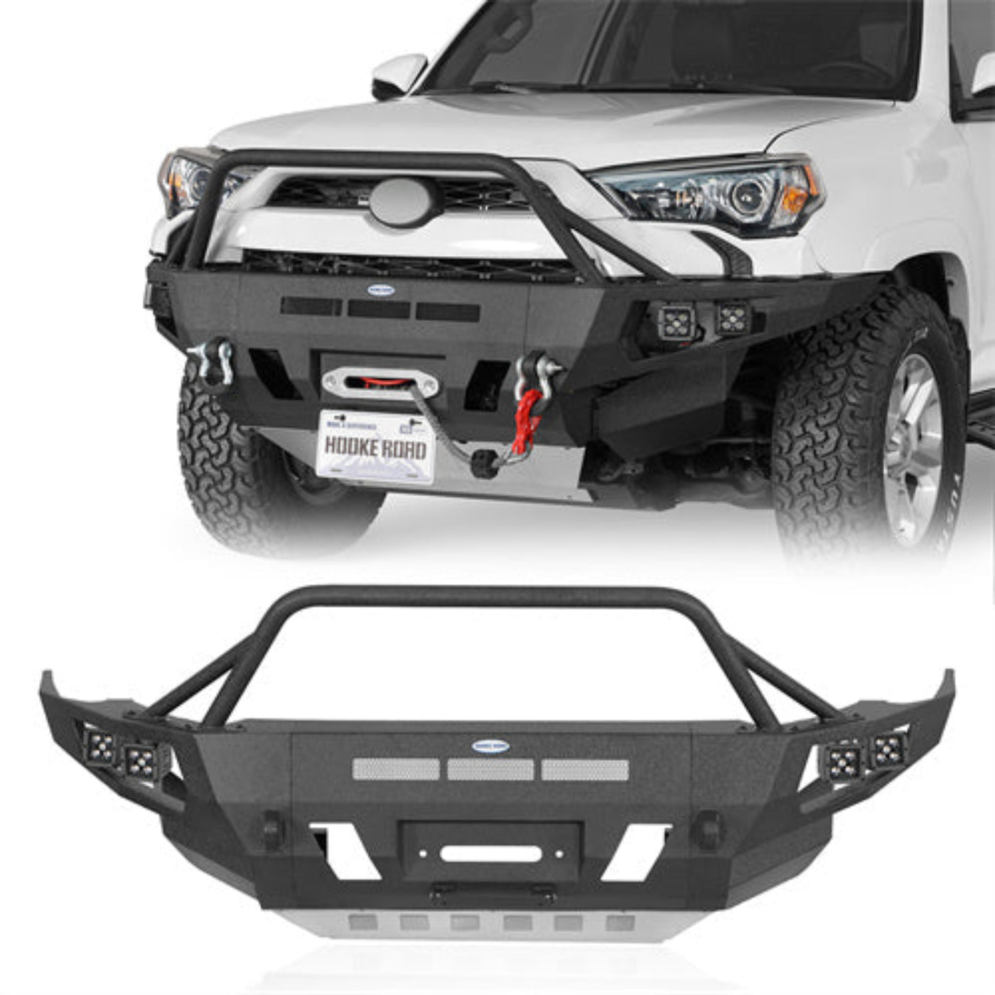 Hooke Road Aftermarket Full Width Front Bumper w/ Winch Plate & 4 LED Spot Lights (14-24 Toyota 4Runner)  - HE.9812A-S+HE.9812B-S