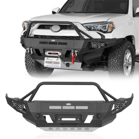 Hooke Road Aftermarket Full Width Front Bumper w/ Winch Plate & 4 LED Spot Lights (14-24 Toyota 4Runner)  - HE.9812A-S+HE.9812B-S