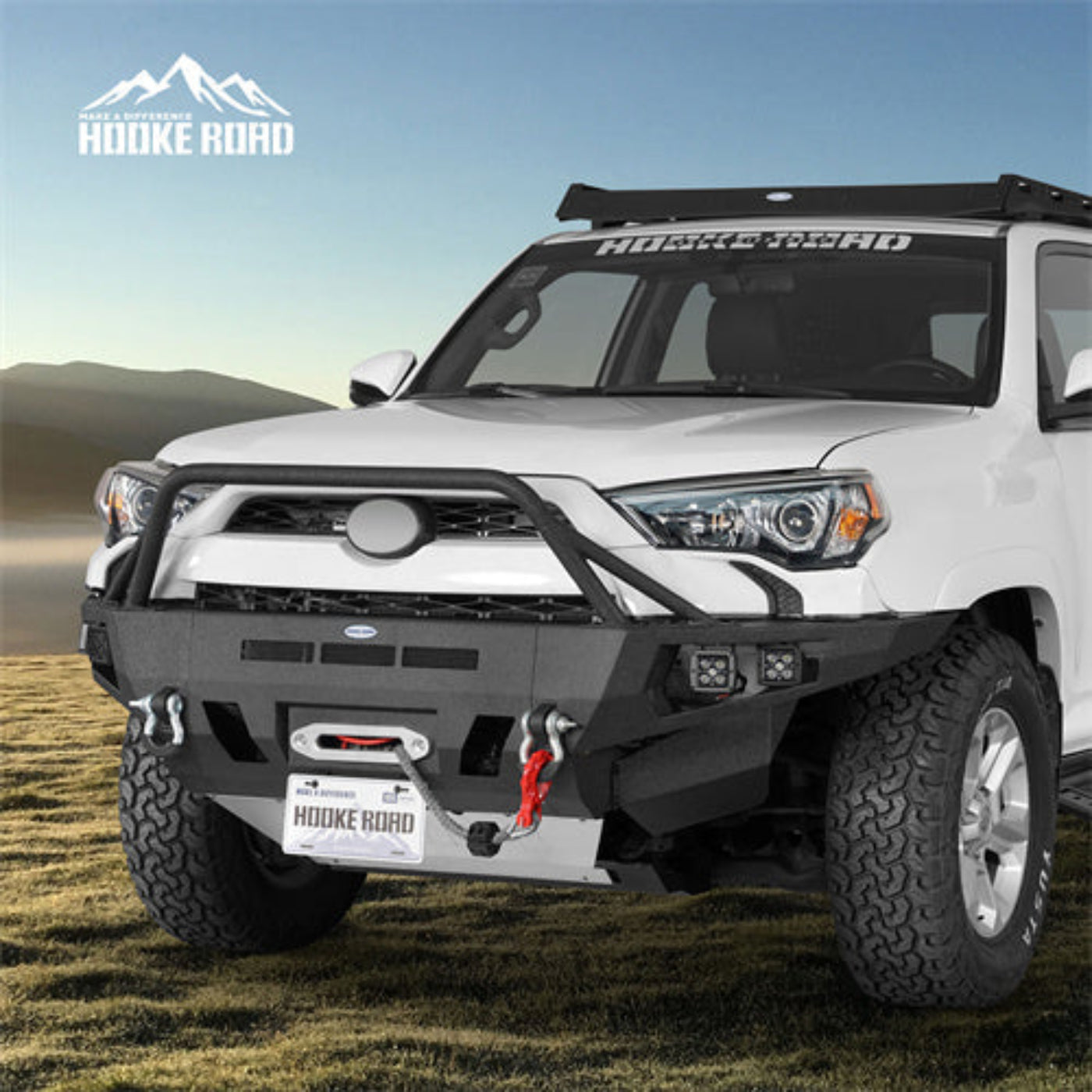 Hooke Road Aftermarket Full Width Front Bumper w/ Winch Plate & 4 LED Spot Lights (14-24 Toyota 4Runner)  - HE.9812A-S+HE.9812B-S