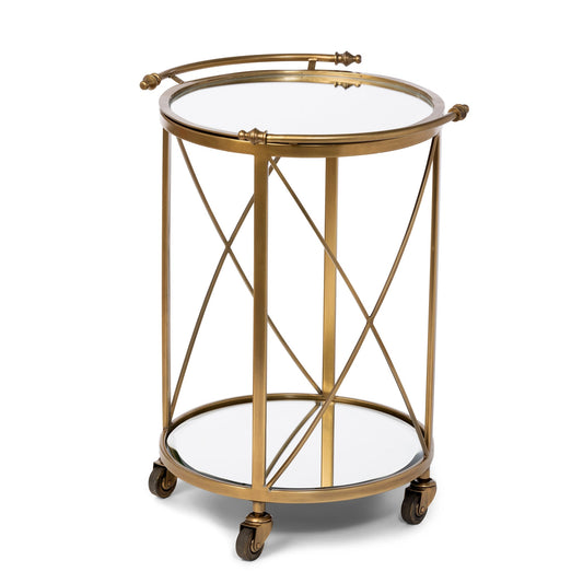 Park Hill Collection Hampton Round Tray Serving Cart - Elegant Steel & Brass Design with Removable Mirror Tray for Easy Use - EFC16009