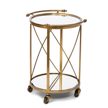 Park Hill Collection Hampton Round Tray Serving Cart - Elegant Steel & Brass Design with Removable Mirror Tray for Easy Use - EFC16009