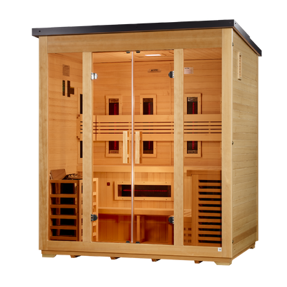 ***New 2026 Model*** Golden Designs "Gargellen" 5 Person Hybrid (PureTech™ Full Spectrum IR or Traditional Stove) Flat Roof Outdoor Sauna (GDI-8025-01)