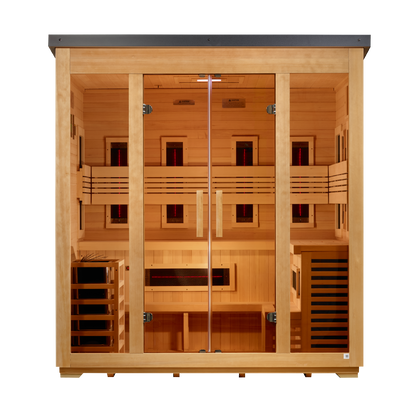 ***New 2026 Model*** Golden Designs "Gargellen" 5 Person Hybrid (PureTech™ Full Spectrum IR or Traditional Stove) Flat Roof Outdoor Sauna (GDI-8025-01)