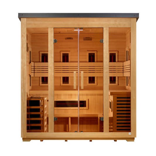 Golden Designs "Gargellen" 5 Person Hybrid (PureTech™ Full Spectrum IR or Traditional Stove) Flat Roof Outdoor Sauna  - GDI-8025-01