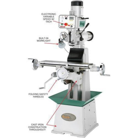 U.S Industrial Grizzly Industrial 8" x 30" 1-1/2 HP Variable-Speed Knee Mill with Ram Head