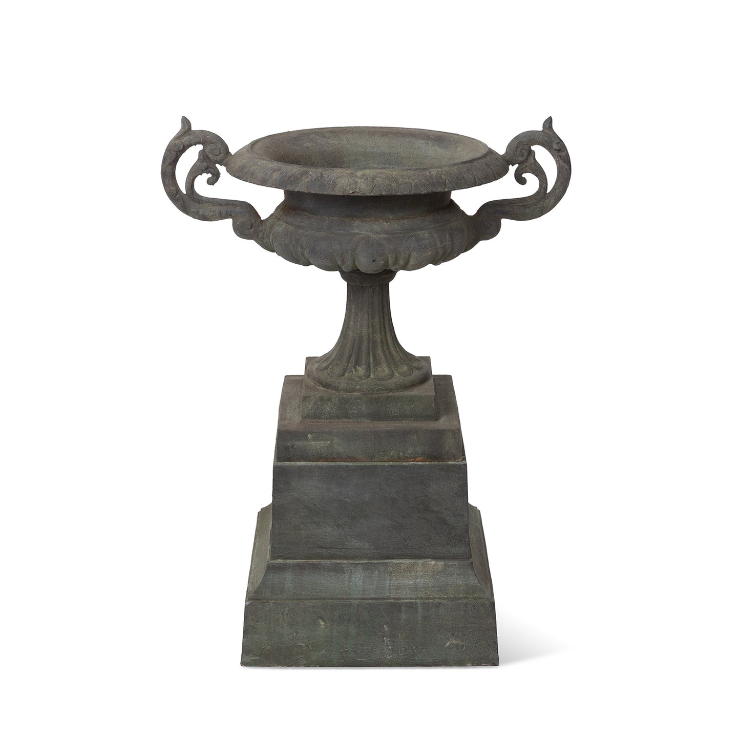 Park Hill Collection Cast Iron Terrace Urn on Plinth – Elegant Weathered Metal Planter for Stunning Outdoor Décor - ECM36144