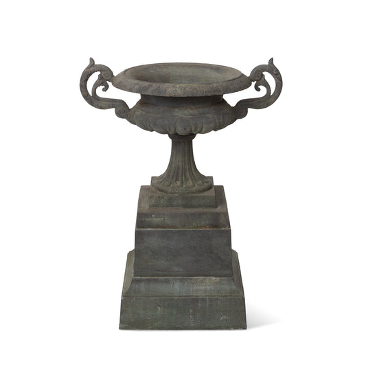Park Hill Collection Cast Iron Terrace Urn on Plinth – Elegant Weathered Metal Planter for Stunning Outdoor Décor - ECM36144