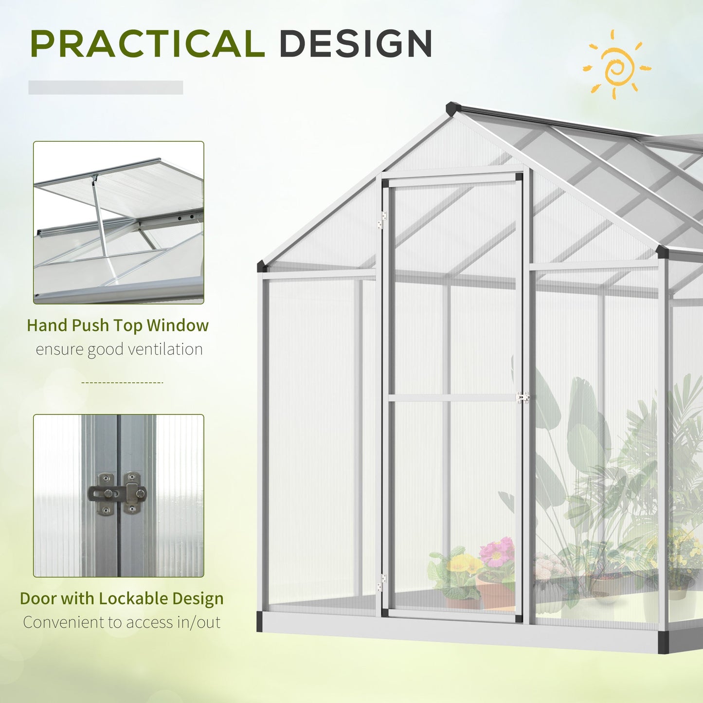 Outsunny 10' x 6' Polycarbonate Greenhouse with Rain Gutter and Roof Vent, Aluminum Frame, Silver - 845-243V02