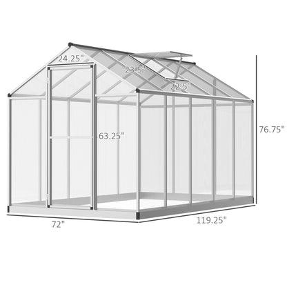 Outsunny 10' x 6' Polycarbonate Greenhouse with Rain Gutter and Roof Vent, Aluminum Frame, Silver - 845-243V02