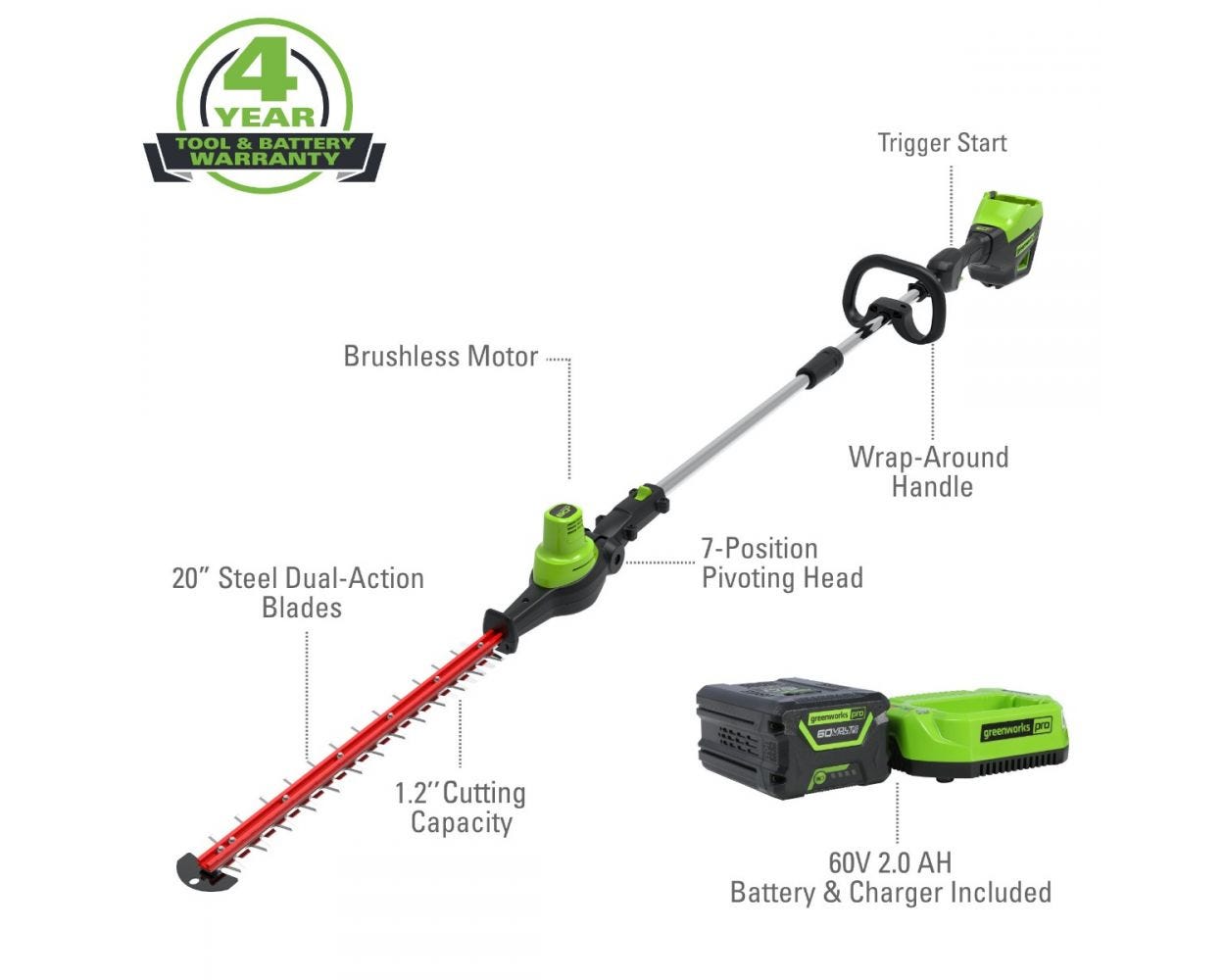 Greenworks 60V 20" Cordless Battery Pole Hedge Trimmer & 610 CFM Leaf Blower Combo Kit - 1317502-VK w/ 2.0Ah & 2.5Ah Battery & (2) Chargers