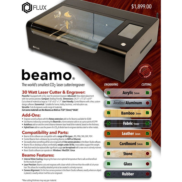 FLUX beamo CO2 Desktop Laser Cutter & Engraver- 30W