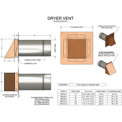 Copperlab Hammered Copper Dryer Vent / Exhaust Vent 4" - 12" - HCWDV10F