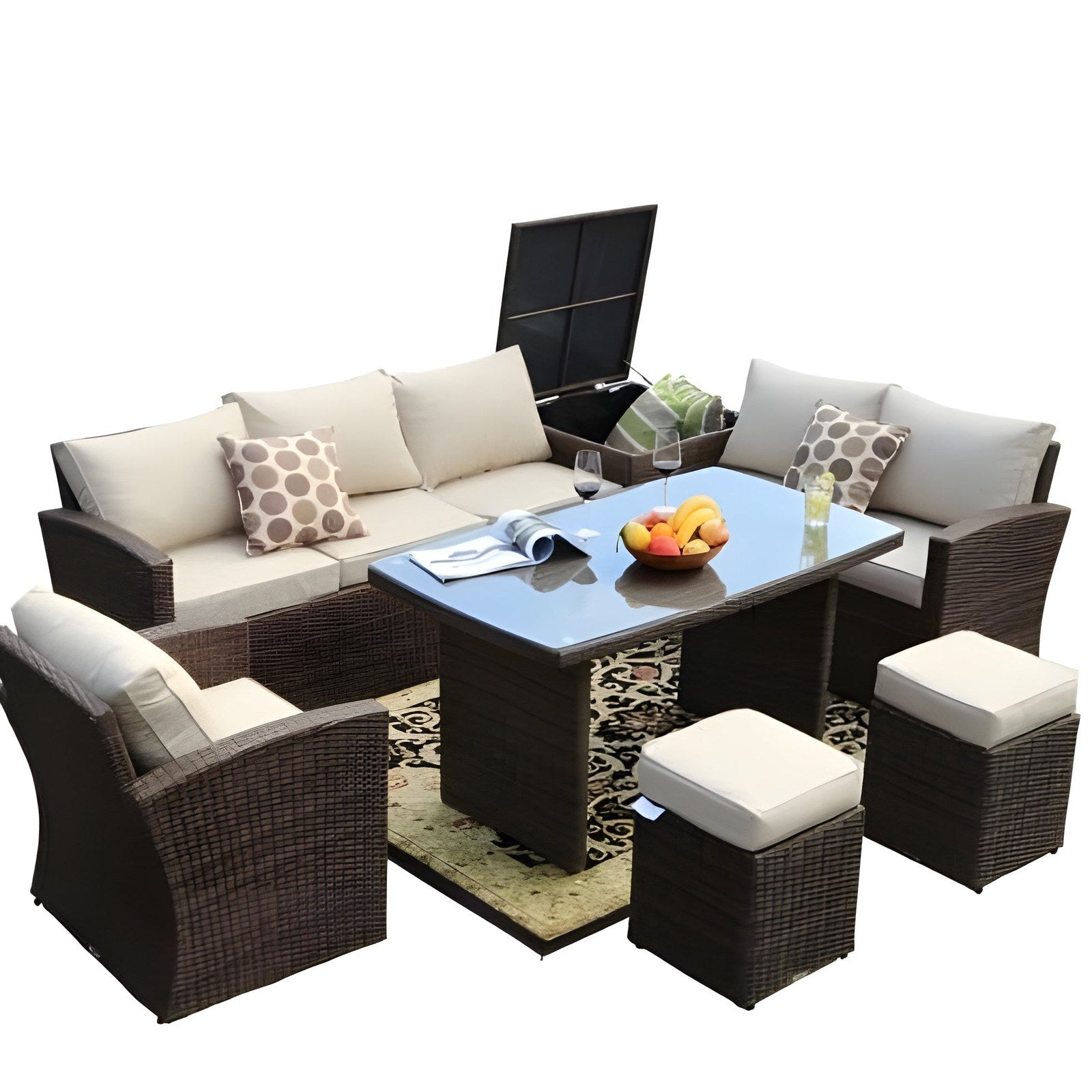 Brown 7-Piece Steel Outdoor Sectional Sofa Set with Ottomans and Storage Box - 372322