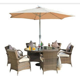 Brown 7-Piece Wicker Outdoor Dining Set with Washed Cushion Round Table - 372324