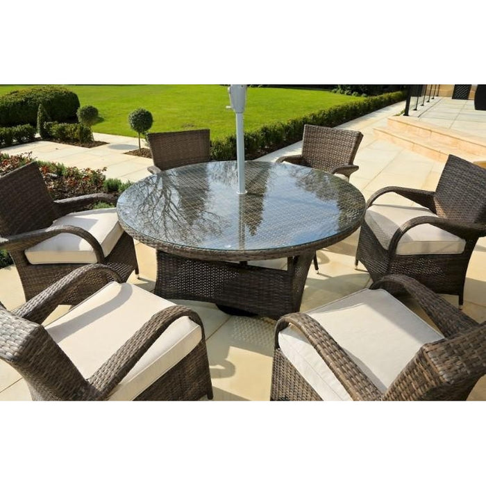 Brown 7-Piece Wicker Outdoor Dining Set with Washed Cushion Round Table - 372324