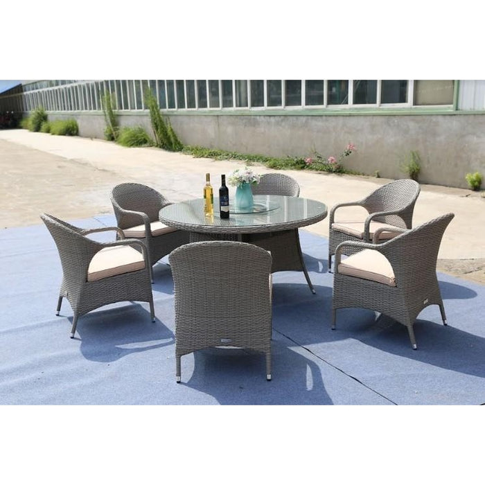 HomeRoots Furniture - Gray 7-Piece Outdoor Round Table Dining Set with Cushion - 372325 | 221.91" x 53.82" x 24.96"