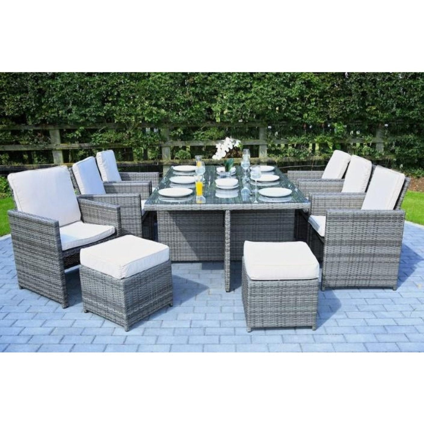 HomeRoots - Gray Wicker 11-Piece Outdoor Dining Set with Cushions and Wicker/Glass Top Table - 372320