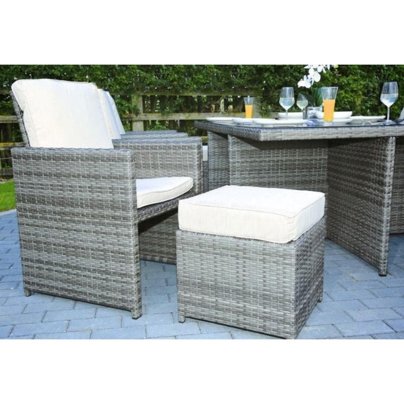 HomeRoots - Gray Wicker 11-Piece Outdoor Dining Set with Cushions and Wicker/Glass Top Table - 372320