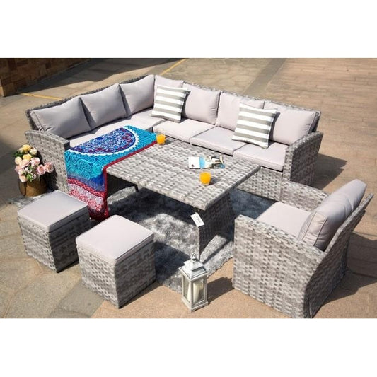 145.08" X 31.98" X 32.37" Gray 6-Piece Wide Outdoor Sectional Set with Cushions and Ottomans - 372329