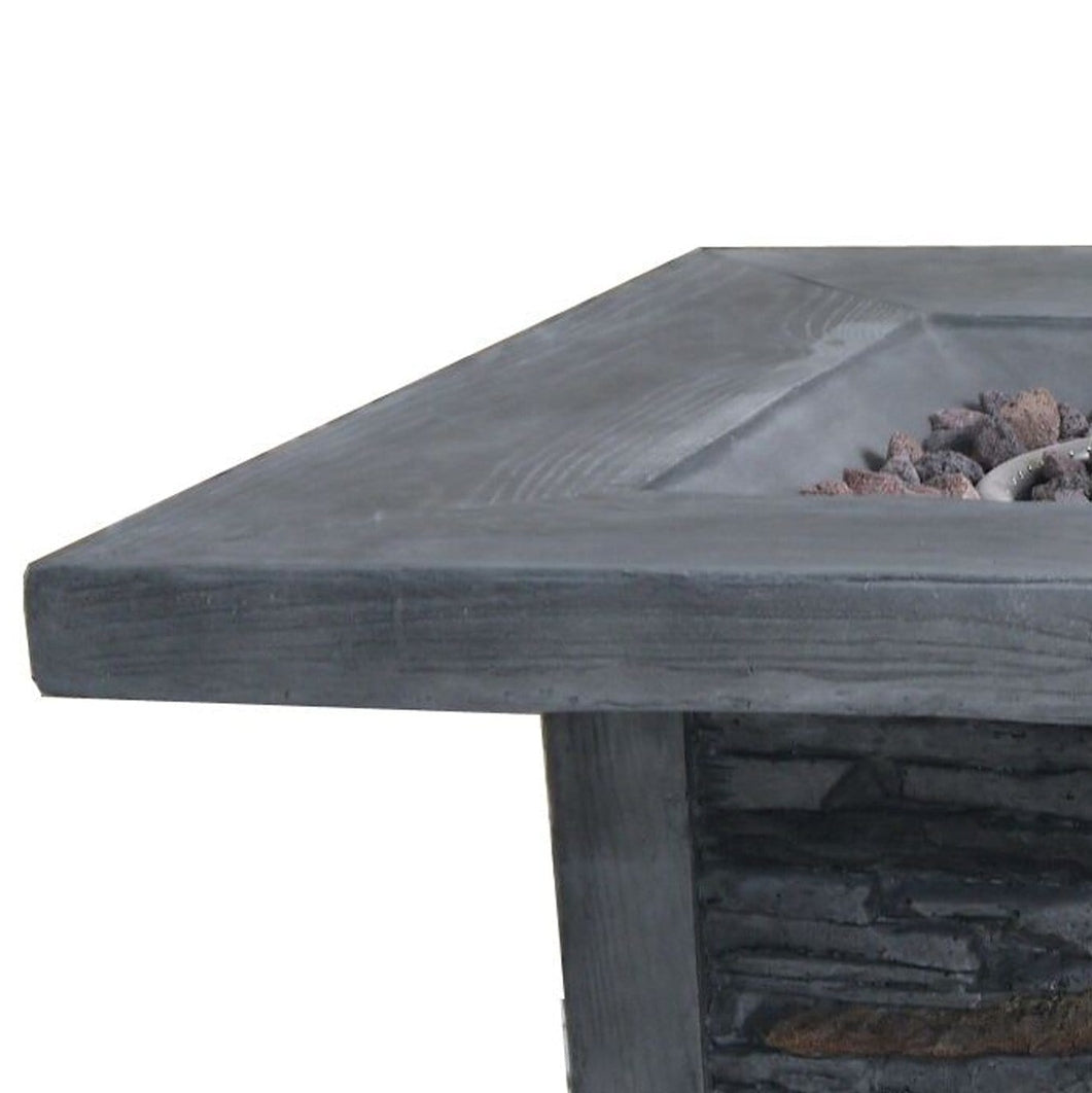 HomeRoots Outdoors- Wood Look Outdoor Gas Fire Pit with Stone Cladding and Lava Rocks,Gray | 30x30 | 352264