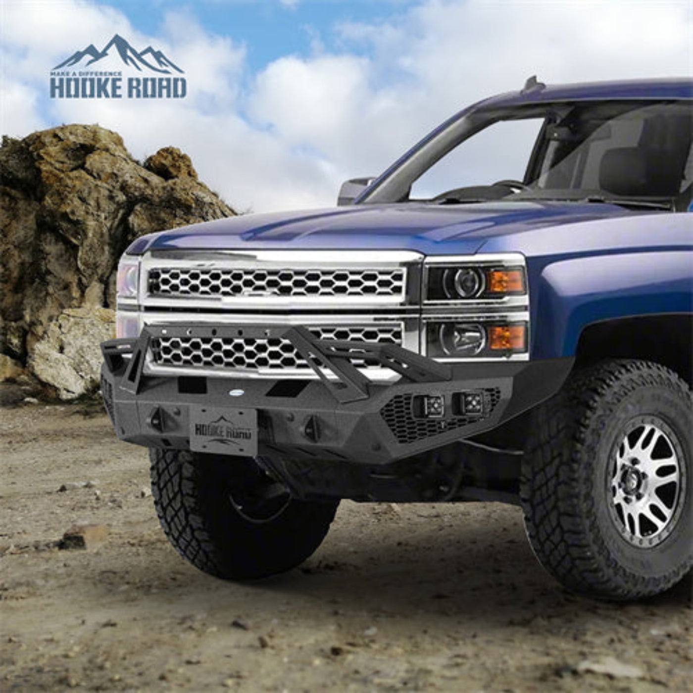 Front Bumper w/ Winch Plate & LED Spotlights (14-15 Chevy Silverado 1500) - Hooke Road - HE.9037A+HE.9037B