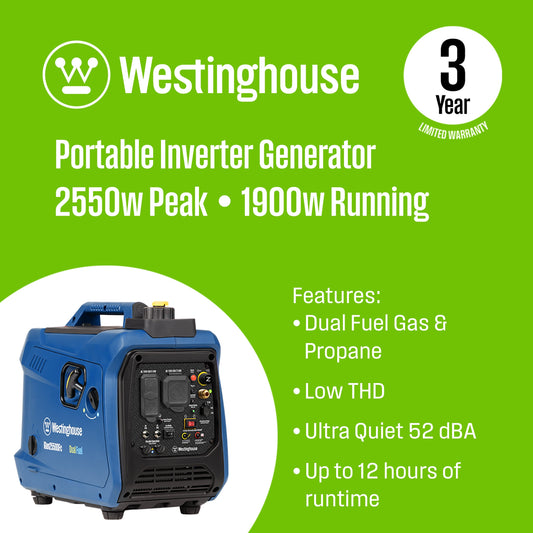 Westinghouse Inverter Generator 1900/2550W Dual Fuel Gas Propane 30A Low THD CO Sensor New - IGEN2550DFC
