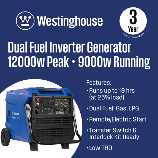 Westinghouse Inverter Generator 9000/12000W Dual Fuel Gas Propane 50A Low THD CO Sensor Remote Start New - IGEN12000DFC