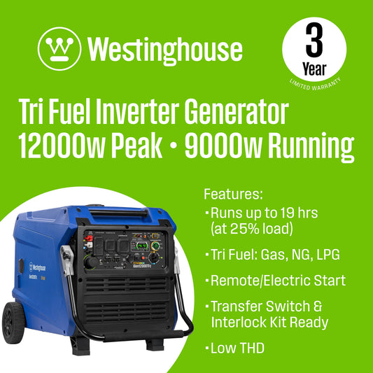 Westinghouse Inverter Generator 9000/12000W Tri Fuel Gas Propane Natural Gas 50A Low THD Remote Start CO Sensor New - IGEN12000TFC