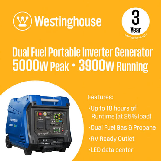 Westinghouse 3900W/5000W Generator Dual Fuel Inverter 30 Amp Remote Start New - IGEN5000DF