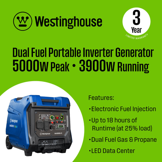 Westinghouse EFI Inverter Generator 3900/5000W Dual Fuel Gas Propane 30A Low THD Remote Start CO Sensor New - IGEN5000DFC-EFI