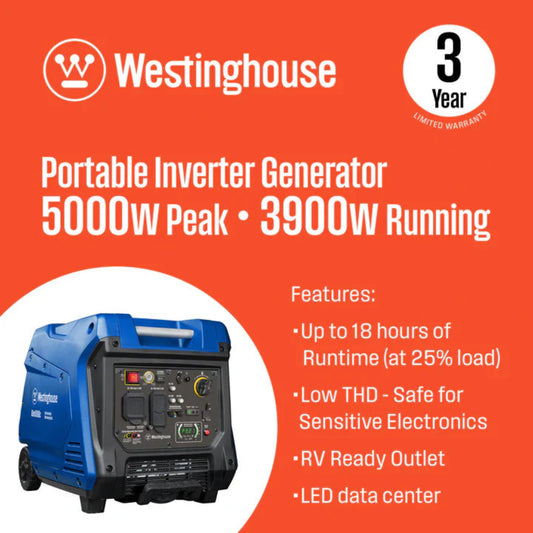 Westinghouse 3900W/5000W Generator Gas 30 Amp Inverter with CO Sensor Remote Start New - IGEN5000C