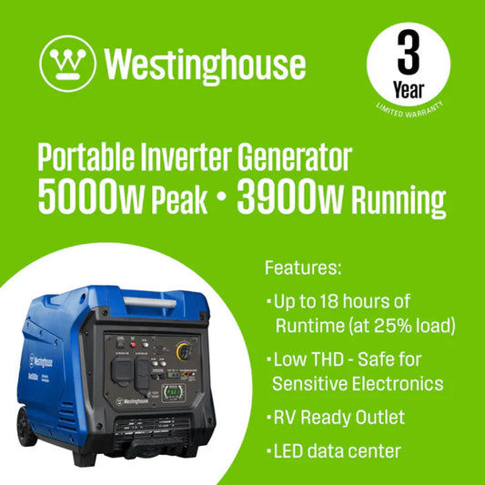 Westinghouse 3900W/5000W Generator Gas Inverter 30 Amp with CO Sensor New - IGEN5000CV