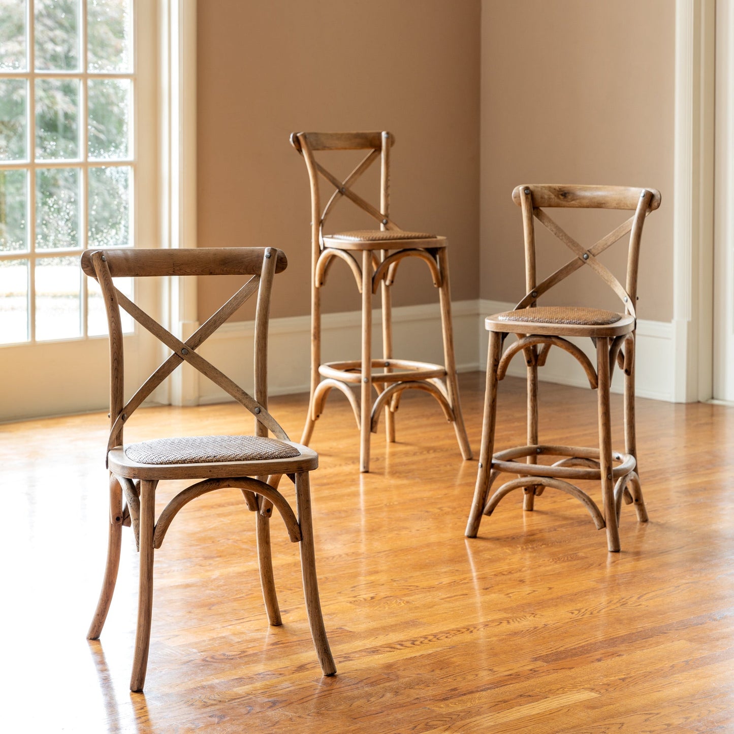 Park Hill Collection Wooden Cross Back Counter Stool - Rustic Aged Finish, Cane Woven Seat, Perfect for Farmhouse Decor - EFS81570