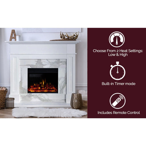 Cambridge - 53"x17.7"x13.4" Sofia Fireplace Mantel w/ Marble and Deep Log Insert - Electric Mantel Fireplaces - CAM5617-1WHTLG3