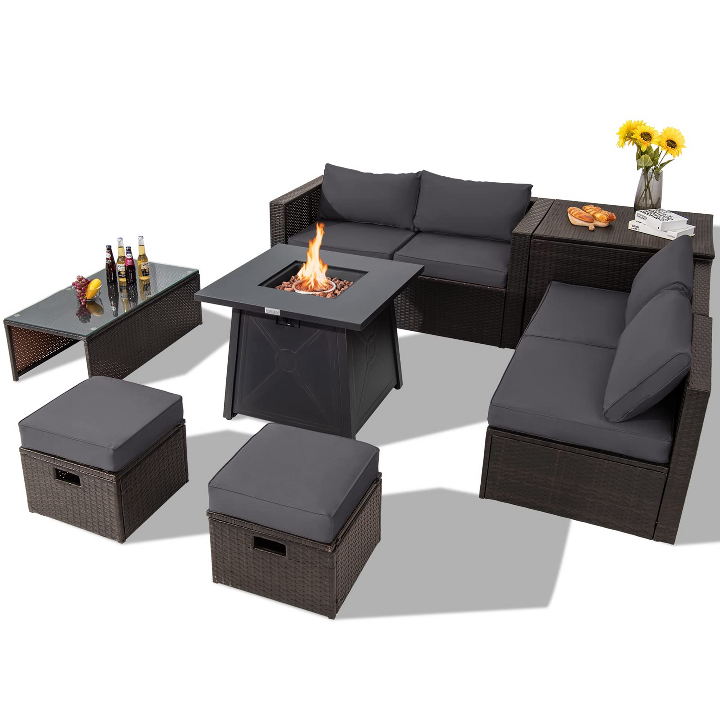 Tangkula 9 Pieces Patio Furniture Set with 30" Propane Fire Pit Table - OP70521+HW68592WH+