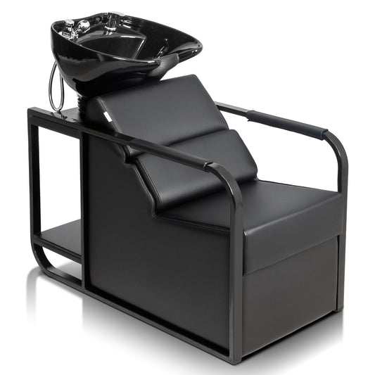 OmySalon BU2201 Salon Shampoo Backwash Chair Unit with Tilting Ceramic Bowl & Storage Shelf - G59000917
